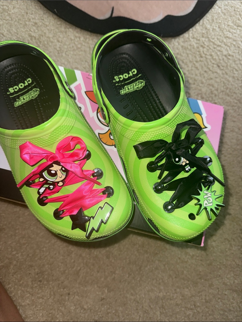 CROCS Kids Neon Green Clogs with Pink & Black Ribbon Laces